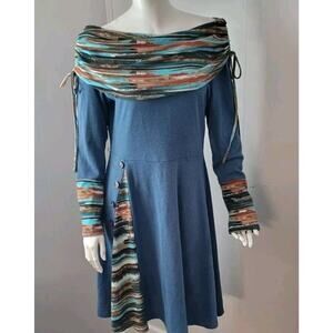 Dressfo Womans Knit Dress Sz 10 Blue w/Striped Accents and Buttons Boho Fall